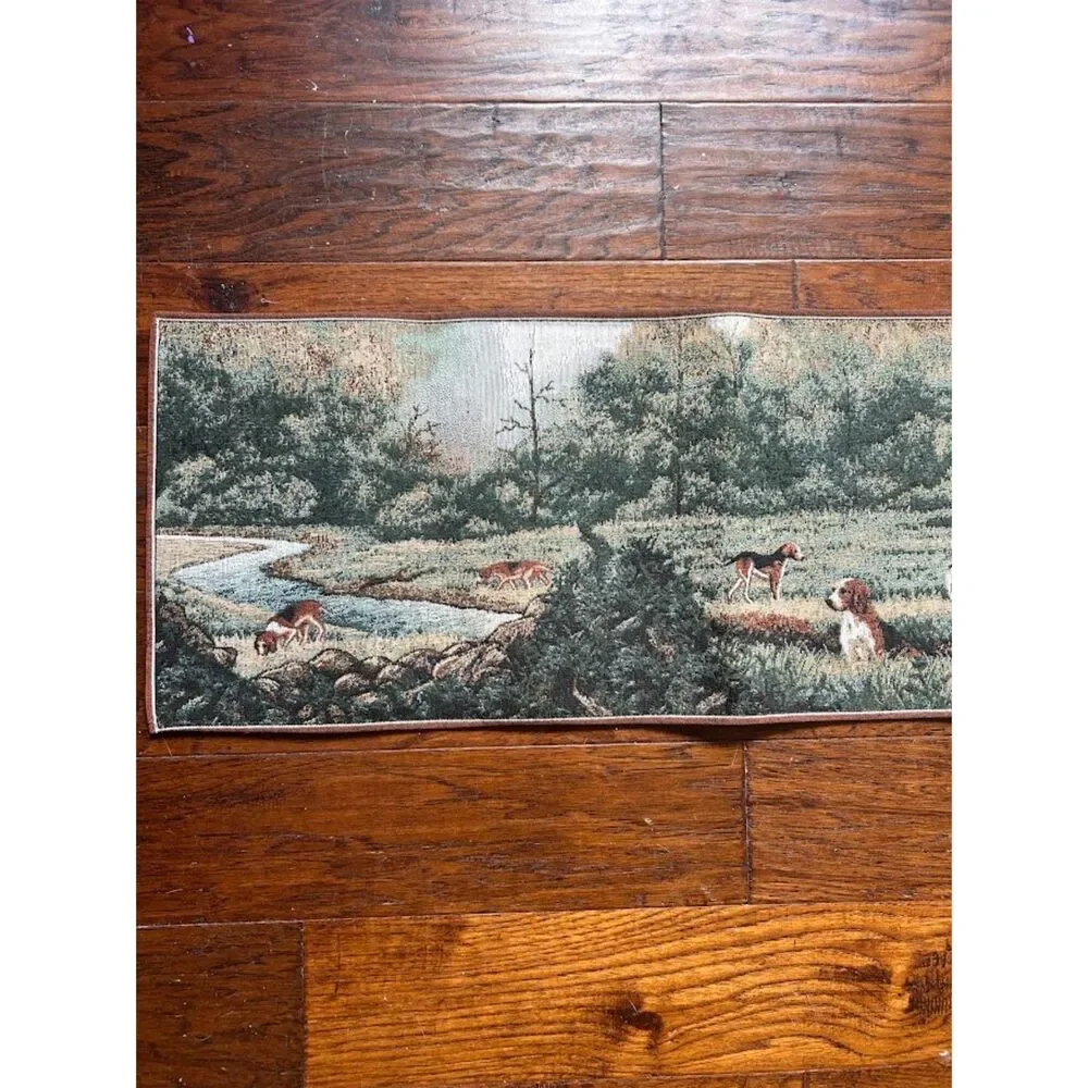 Vintage Fox Hunt Tapestry Wall Hanging Panoramic English Equestrian Scene